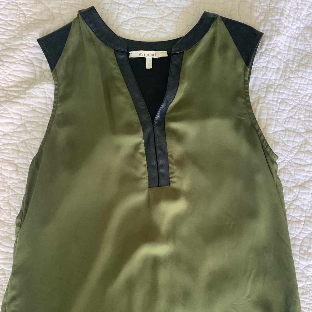 Olive Green Top with Faux Leather Trimming